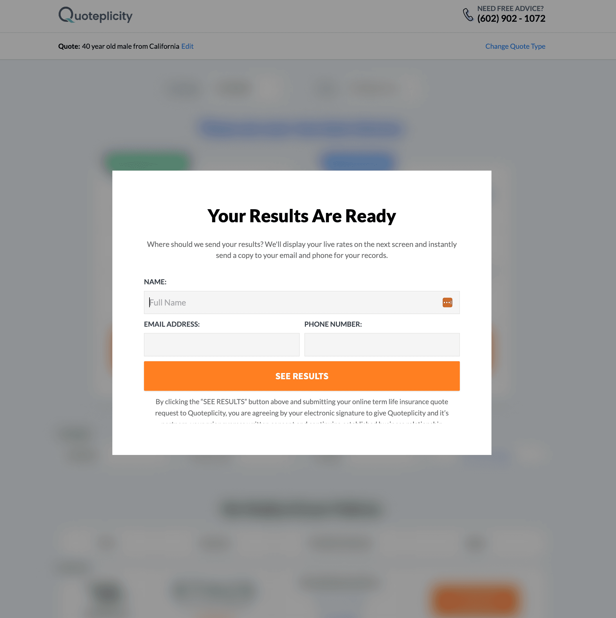 Beacon gated capture mode — a Your Results Are Ready modal asks for name, email, and phone before showing quote results.