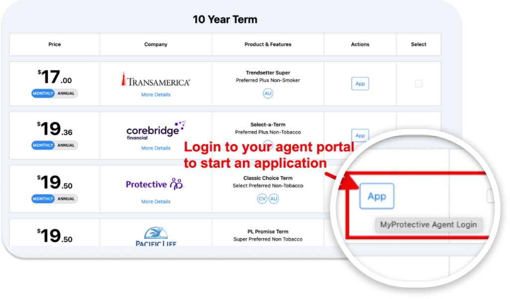 Quoteplicity quote result with a one-click App button that opens the carrier's agent application portal.