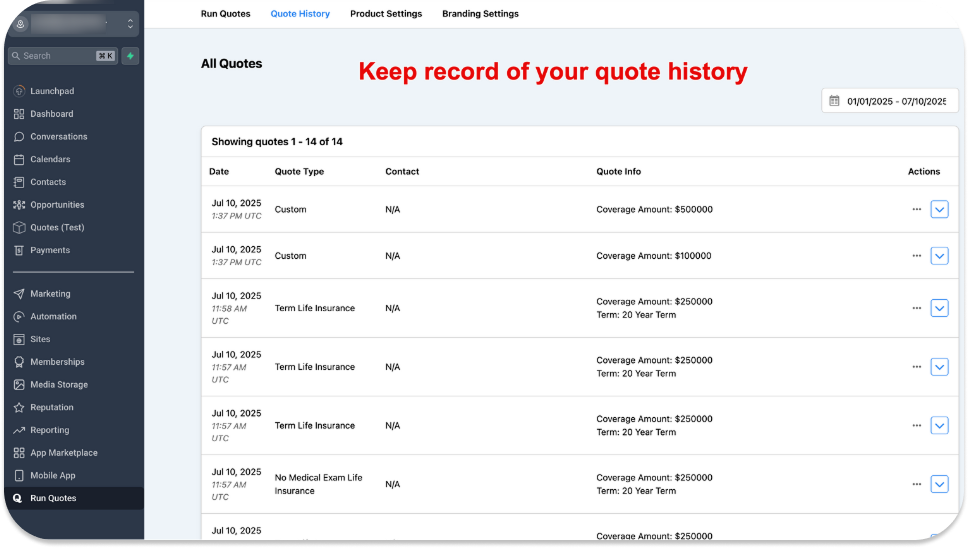 Quoteplicity quote history attached to a GoHighLevel contact record with date stamps and quote IDs.