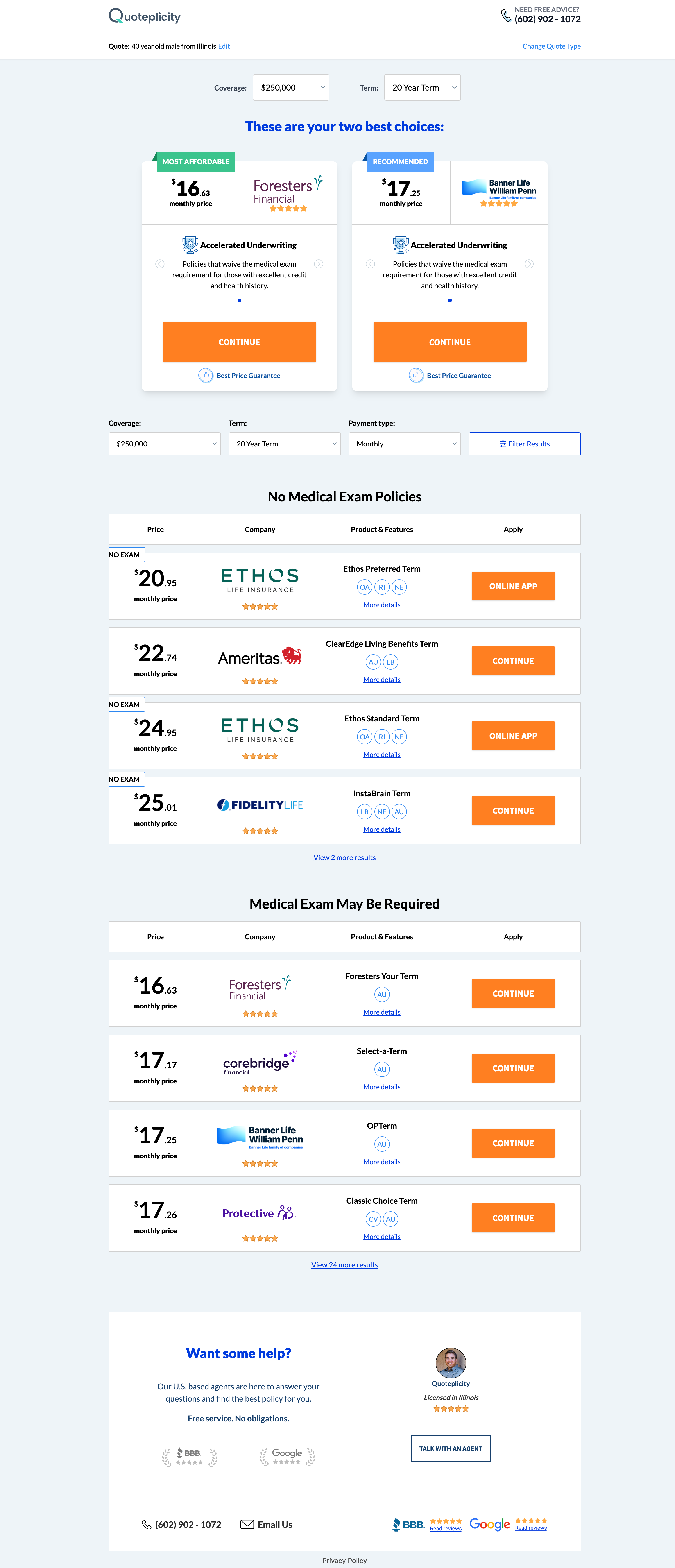 Live multi-carrier life insurance quote results shown to consumers on quoteplicity.com, including recommended plans, no medical exam options, and full carrier pricing