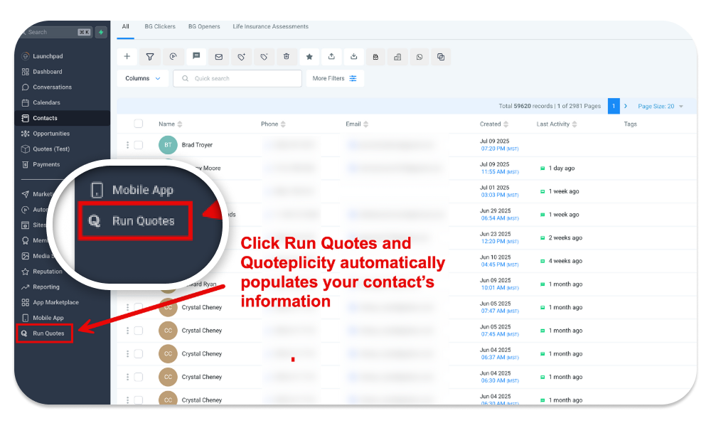 GoHighLevel navigation with the Quoteplicity quoter installed.