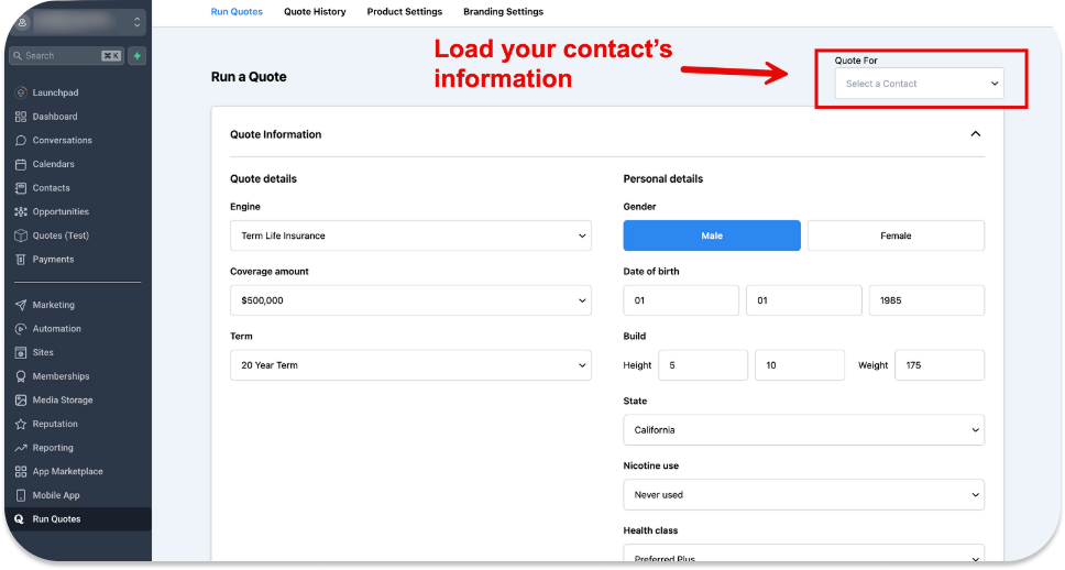 Search and auto-load any GoHighLevel contact into the Quoteplicity quoter.