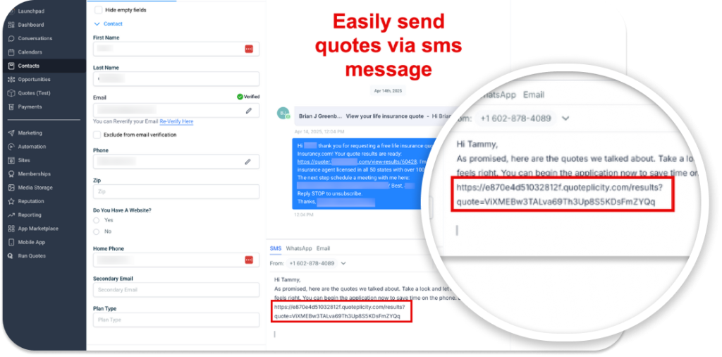 Send smart quote links via SMS from inside GoHighLevel.