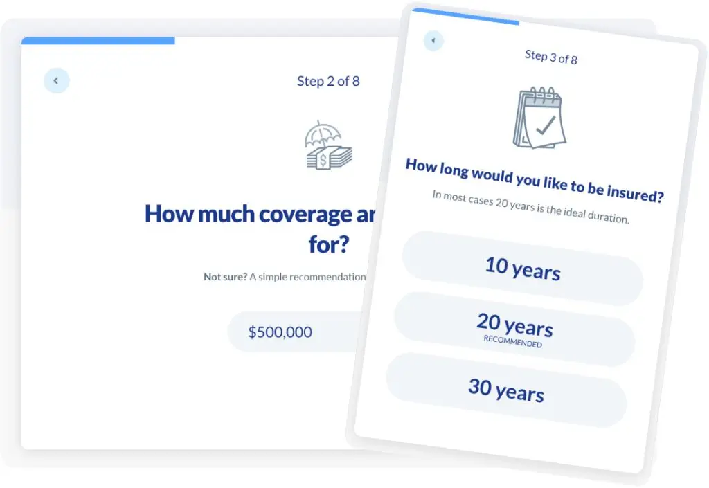 Beacon funnel steps including coverage amount, term, age, and contact information.