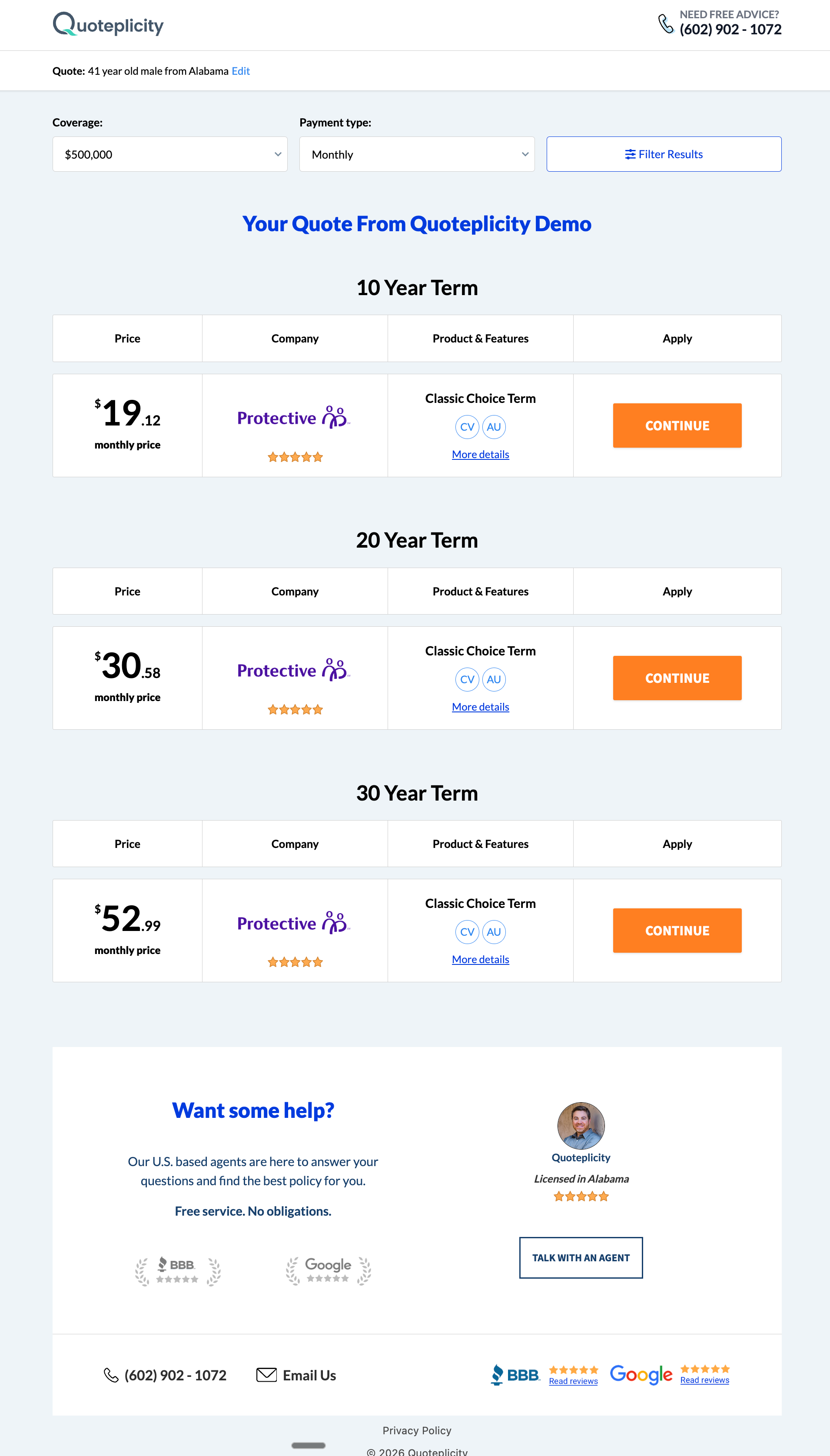 Customer-facing live quote comparison page rendered from a sent link, showing 10/20/30 year term policies from Protective with Continue buttons, agent branding, and a Talk With An Agent block.