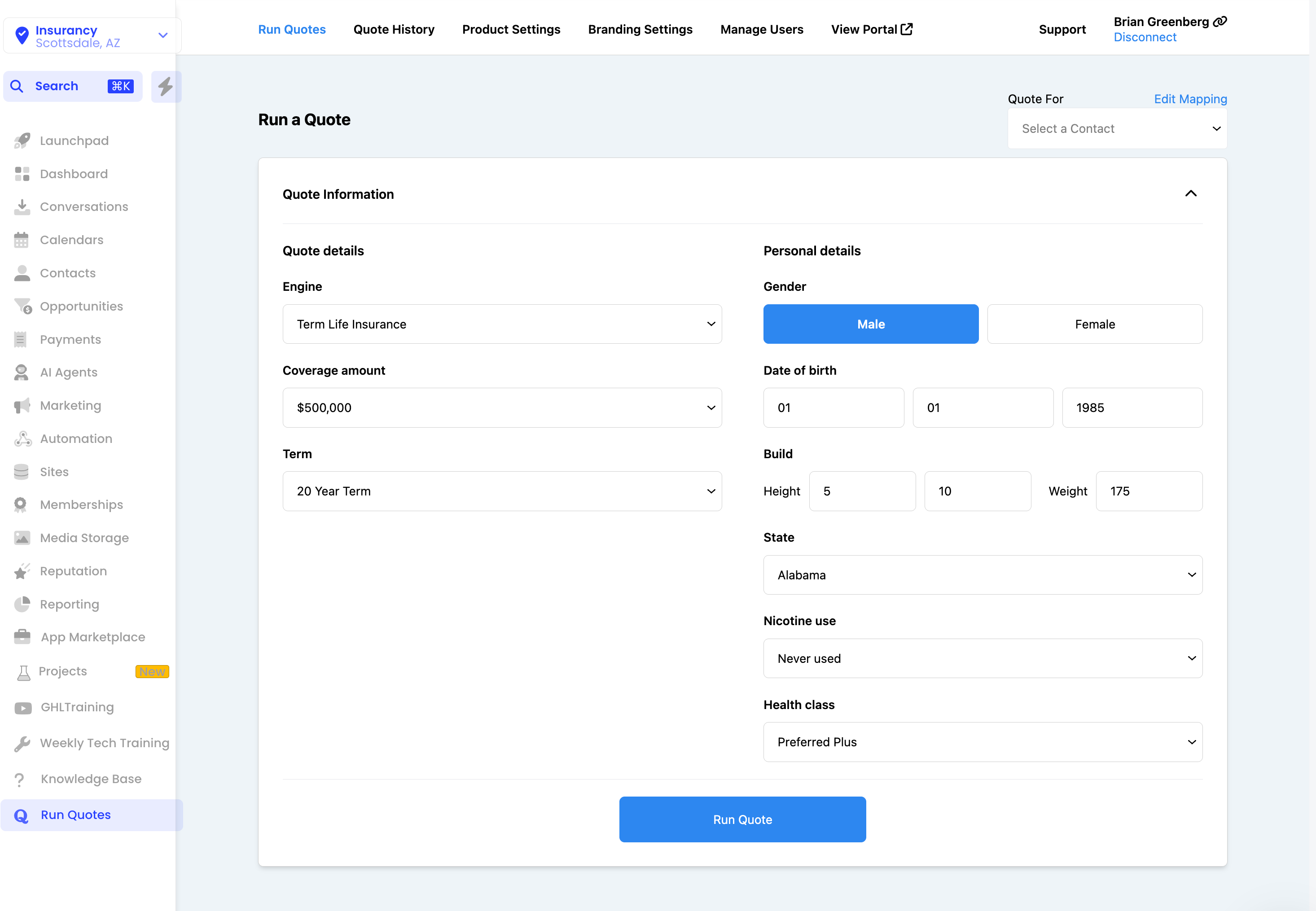 Run a Quote screen embedded inside the GoHighLevel CRM under an agency named Insurancy, with Quote Information, Quote details, and Personal details panels next to GHL's left navigation.