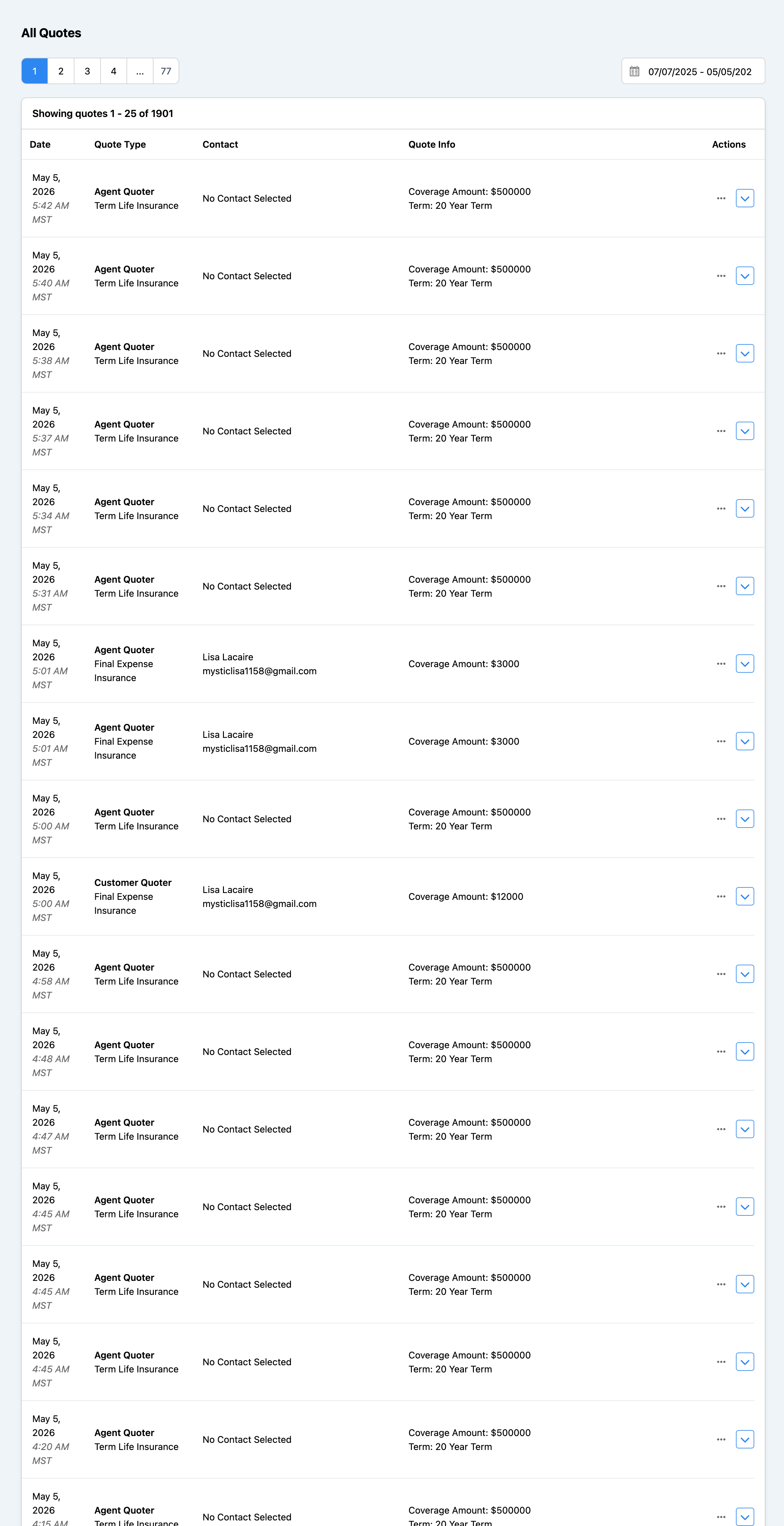 All Quotes history screen showing 1,901 saved quotes with date, quote type (Agent Quoter / Customer Quoter), contact, and quote info columns.