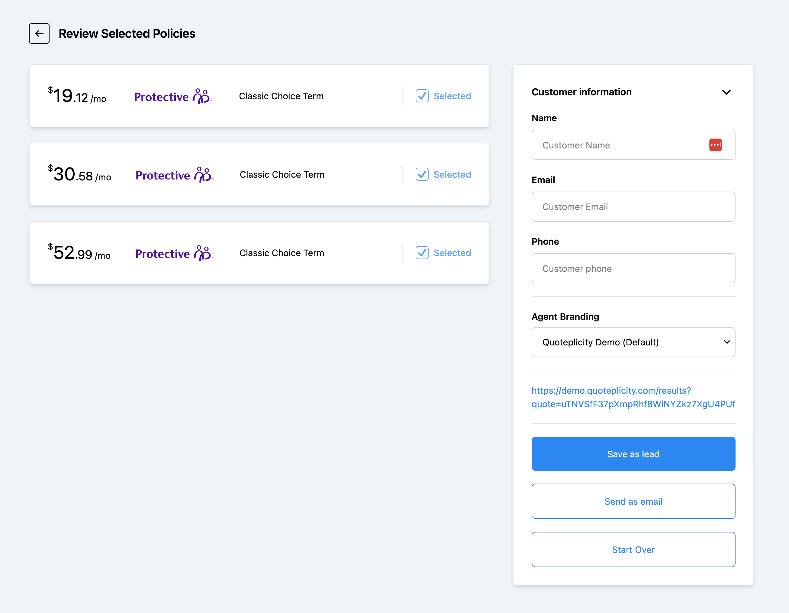 Review Selected Policies screen showing three Protective Classic Choice Term policies selected, a Customer Information form with name, email, phone, and Agent Branding selector, and an auto-generated comparison link.
