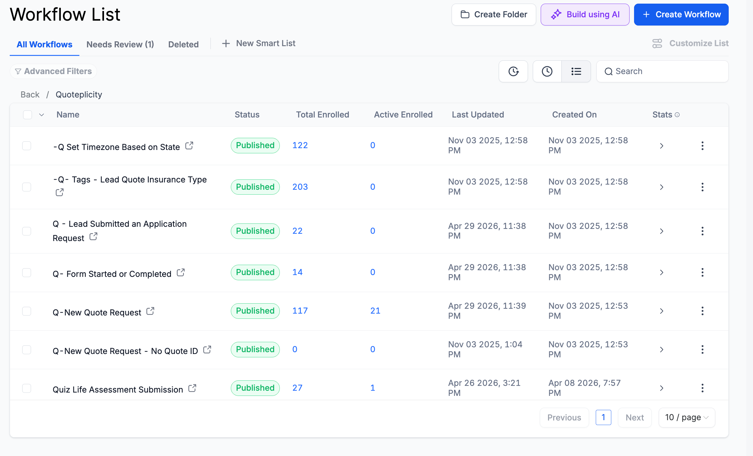 Quoteplicity workflow library pre-installed in the Pulse account showing seven published automations.
