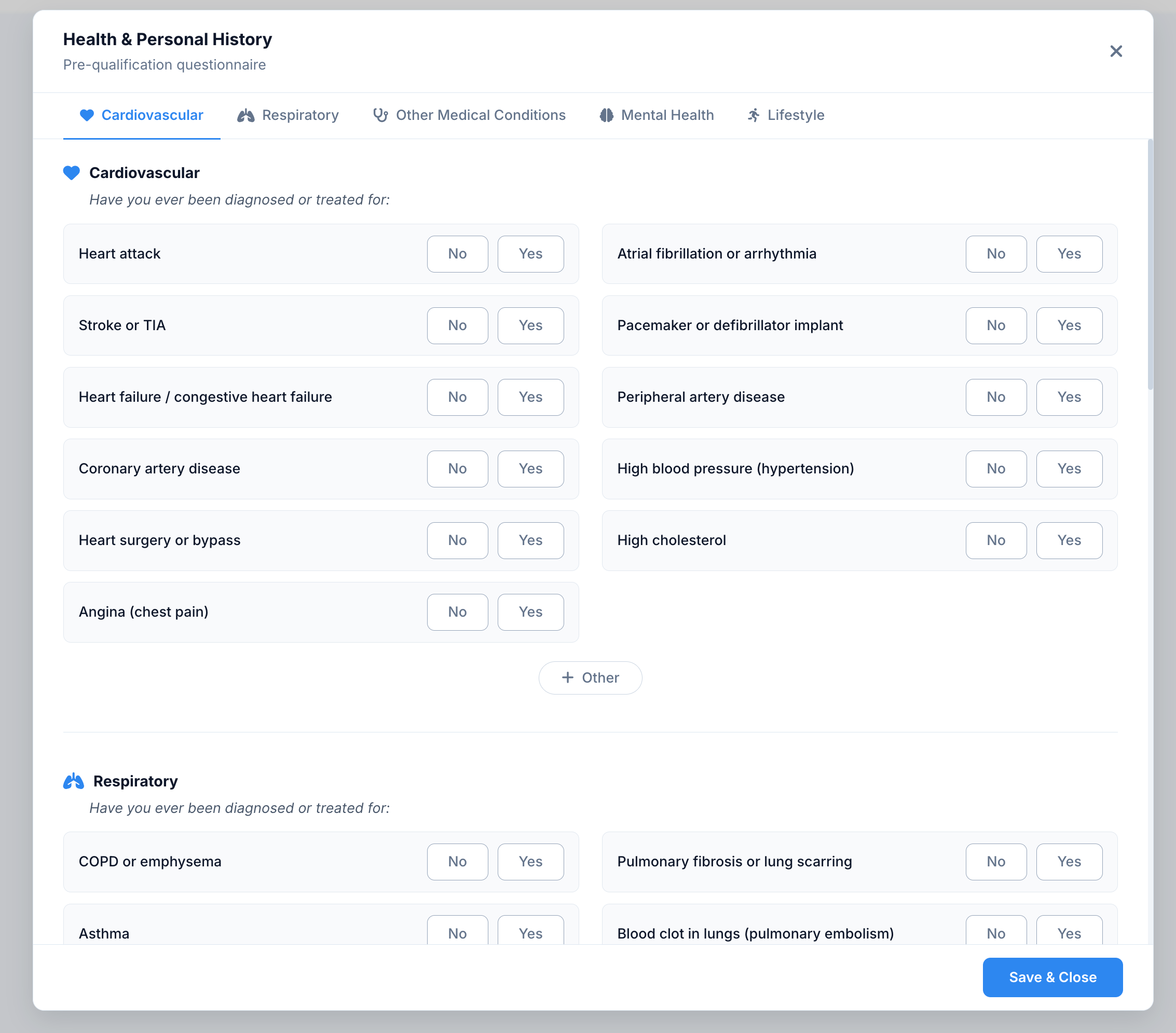 Health and Personal History pre-qualification questionnaire modal with Cardiovascular, Respiratory, Other Medical Conditions, Mental Health, and Lifestyle tabs and No/Yes toggles per condition.