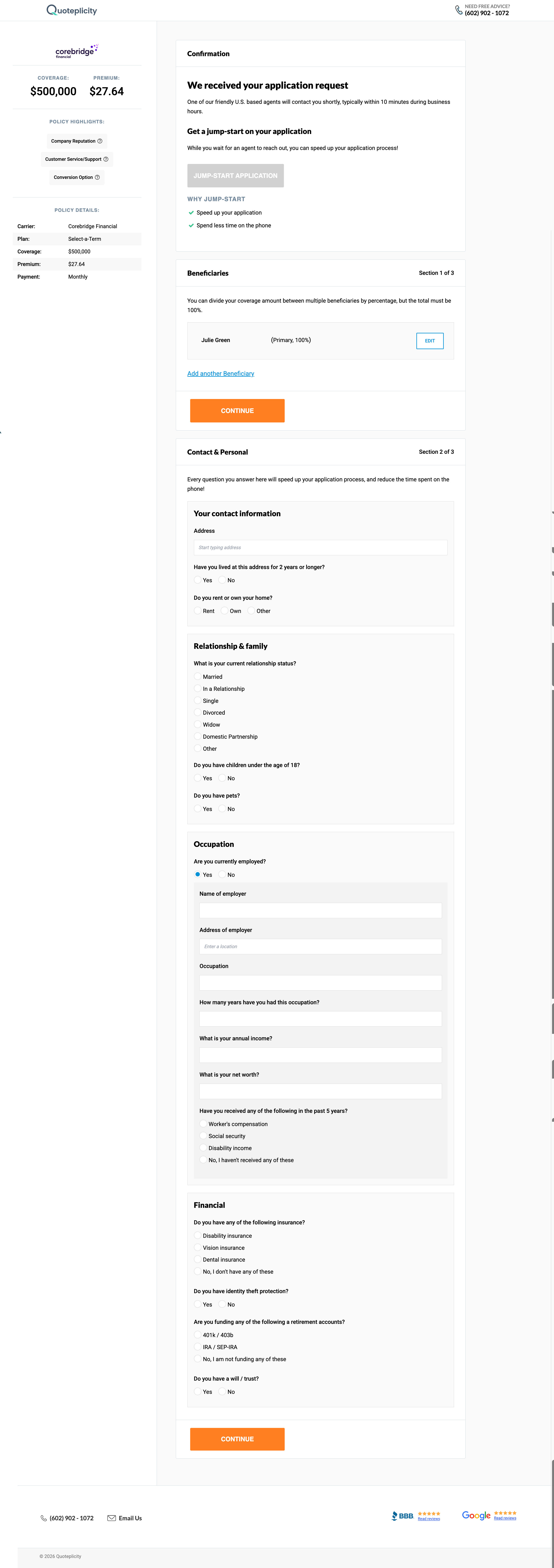 Protective Life application questionnaire showing insured personal information and employment sections.