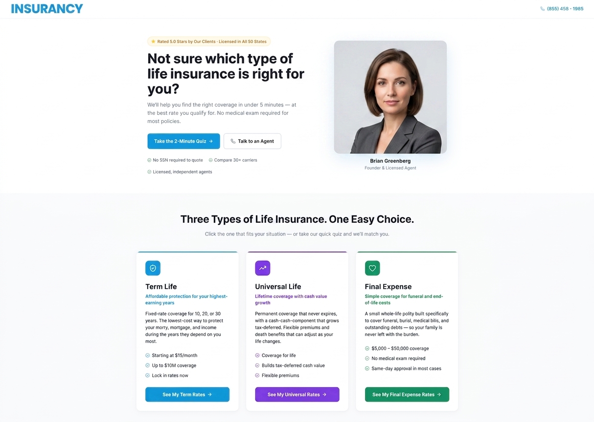 Purpose-led Signal landing page asking the prospect to choose their reason for shopping life insurance.