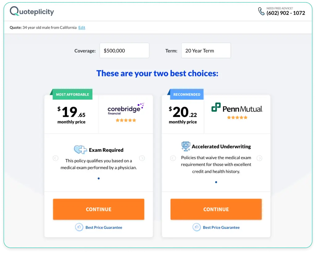 Quoteplicity life insurance results page example
